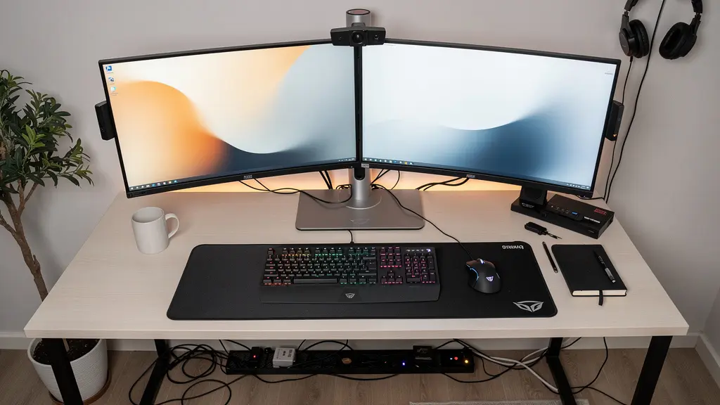 Bureau en L gaming avec setup organisé et gestion câbles