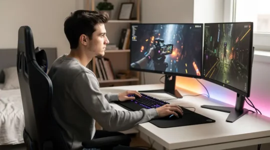 Setup gaming complet avec bureau large double écran et périphériques