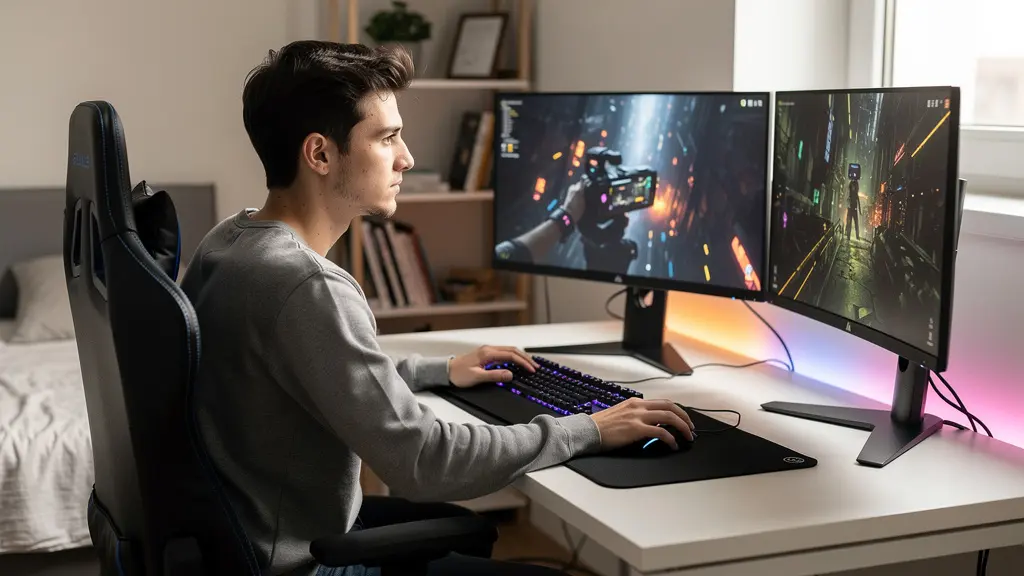 Setup gaming complet avec bureau large double écran et périphériques